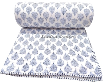 Edredón Kantha con estampado de hojas azules, reversible, hecho a mano, de algodón suave, acolchado, manta o edredón para sofá.