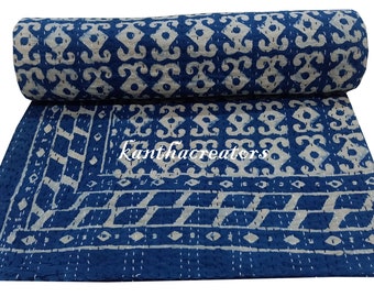 Hand Stitch Kantha Quilt King Size Cotton Blanket Handmade Bedspread Reversible Kantha Throw Blue Indigo Bedcover Indian Bedding Coverlet