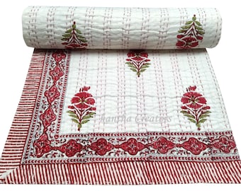 Indian Floral Block Print Kantha Bedspread, Reversible Pure Cotton Kantha Throw, Handmade Luxury Bedding Quilt, Hand Stitch Sofa Decor Quilt