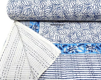 Copriletto reversibile in cotone cucito a mano, plaid Kantha con stampa floreale a blocchi, misura (90x108) Trapunte per divano