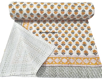 Coperta Kantha con stampa floreale a blocchi, copriletto reversibile in morbido cotone fatto a mano, copriletto per divano matrimoniale