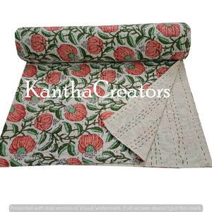 Floral Design Hand Block Print Kantha Quilt Hand Stitch Bedcover Bohemian King Size Cotton Bedspread Reversible Blanket Indian Throw