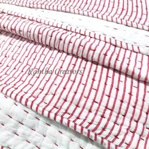 Pink Stripe Print Quilt, Indian Block Print Quilt, 100%Cotton Quilted Bedding Quilt, Reversible Hand Stitch AC Blanket, Luxury Bedroom Quilt