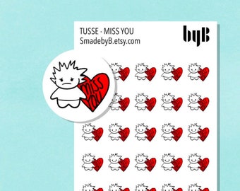 Miss You Stickers - TUSSE, the Norwegian Happy Forest Troll, Hand drawn, 40 stickers per sheet