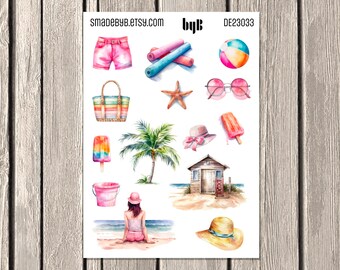Summer Beach Holiday Stickers -Watercolor - to use in Bullet Journals, Planners, Scrapbooking, Invitations