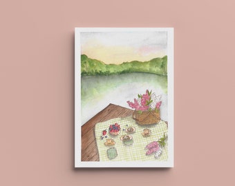 Affiche Goûter au bord de l’eau  - A4,A5,A6 - Décoration maison - Impression illustration aquarelle - Aquarelle originale