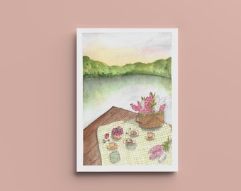 Affiche Goûter au bord de l’eau  - A4,A5,A6 - Décoration maison - Impression illustration aquarelle - Aquarelle originale