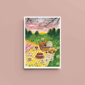 Poster picnic primaverile - A4, A5, A6 - Decorazione per la casa - Stampa di illustrazioni ad acquerello - Acquerello originale