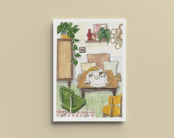 Poster Of a Cozy/Vintage dining room -A4, A5, A6 - Home decoration - Watercolor illustration printing - Original Watercolor