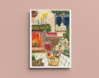 Christmas Tea Party Poster by the Fireside - Christmas Poster - A4, A5, A6 - Home Decoration - Watercolor Illustration Print - Original Watercolor