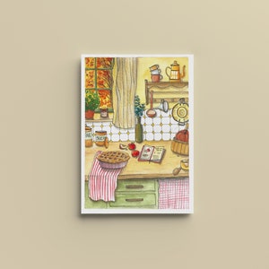 Cartel de cocina de otoño - Tarta de manzana -A4, A5, A6 - Decoración del hogar - Impresión de ilustración en acuarela - Acuarela original