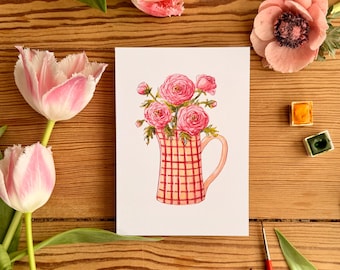 Affiche bouquet de renoncules dans un joli pichet rayé - printemps - A4, A5, A6 - Décoration maison - Impression illustration Aquarelle