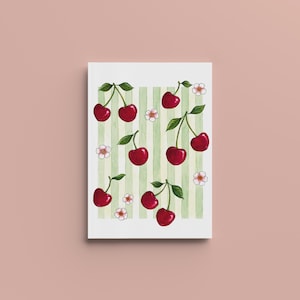 Poster Ciliegie su sfondo a strisce verdi, accogliente e caldo - A4, A5, A6 - Decorazione per la casa - Stampa di illustrazioni ad acquerello