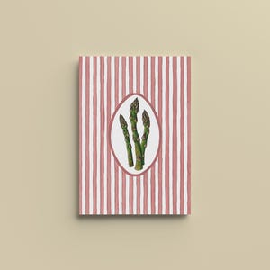 Spargelposter auf rosa gestreiftem Hintergrund, gemütlich und warm - A4, A5, A6 - Wohndekoration - Aquarell-Illustrationsdruck