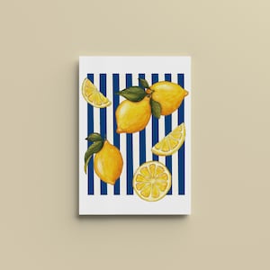 Póster de limones sobre fondo de rayas azules, acogedor y cálido - A4, A5, A6 - Decoración del hogar - Impresión de ilustración en acuarela