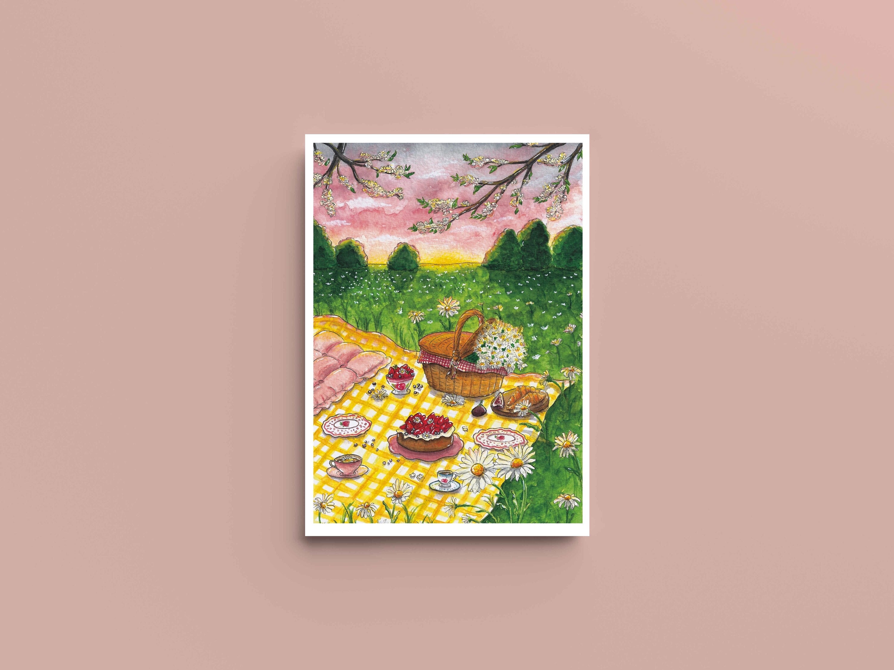 Spring Picnic Poster - A4, A5, A6 - Home decoration - Watercolor illustration print - Original watercolor