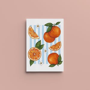 Poster con arance su sfondo a righe blu cielo, accogliente e caldo - A4, A5, A6 - Decorazione per la casa - Stampa con illustrazione ad acquerello