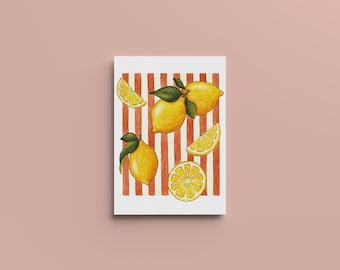Affiche Citrons sur fond à rayures terracotta , cosy et chaleureuse - A4, A5, A6 - Décoration maison - Impression illustration Aquarelle