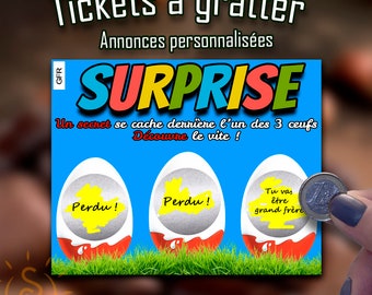 Ticket to scratch game card Eggs Surprise personalized announcement pregnancy, event, request, birth, birthday, wedding