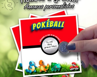 Ticket à gratter annonce naissance enfant Pokéball carte de jeu annonce personnalisée grossesse, anniversaire, mariage