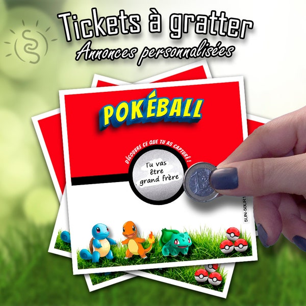 Ticket à gratter annonce naissance enfant Pokéball carte de jeu annonce personnalisée grossesse, anniversaire, mariage