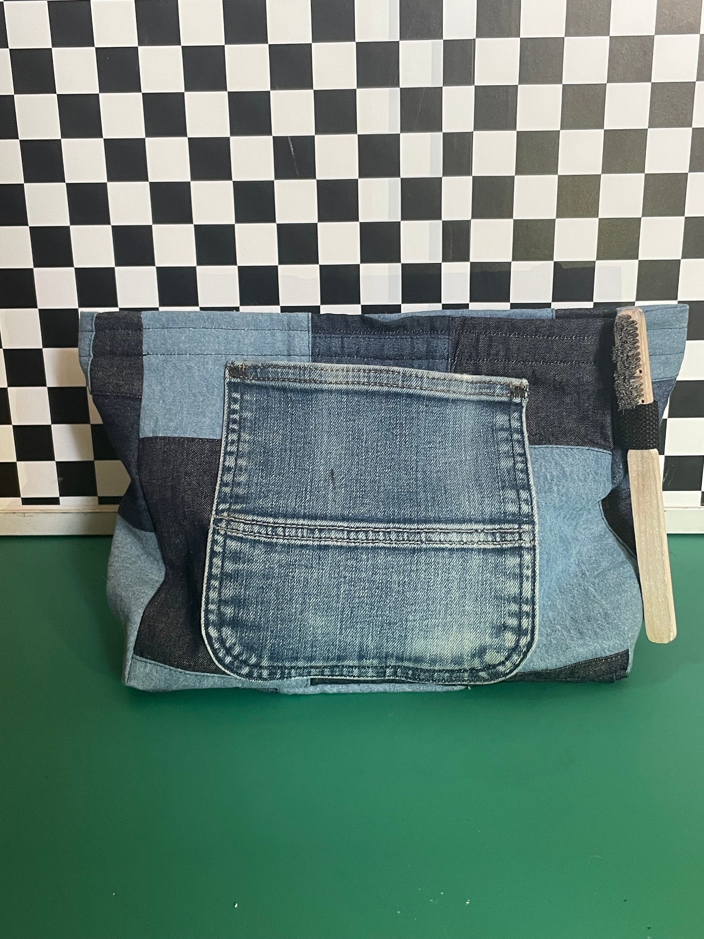 Drawstring Bucket Bag - Medium - Upcycled Denim, Cafe