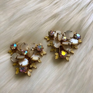1950s vintage clip on earrings beautiful rhinestone and moonstone