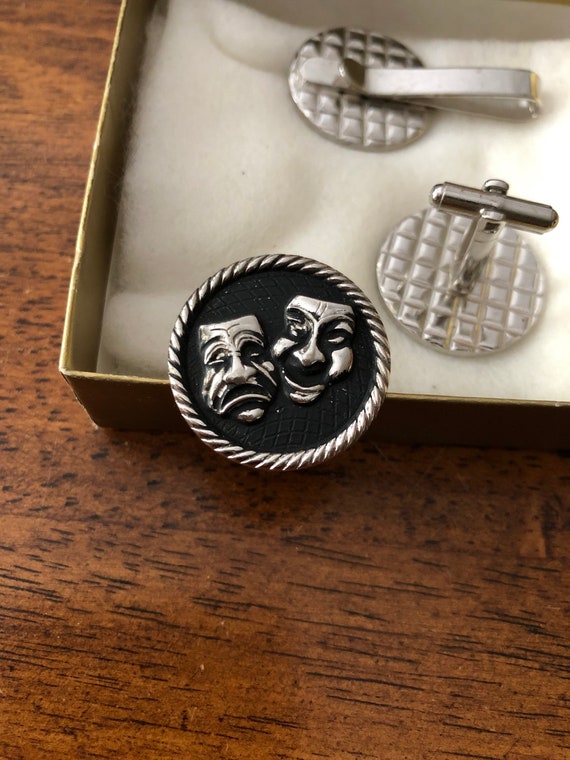 Tragedy & Comedy Greek Mask Hair Barrette Clip MCM 60s Pierced Metal OOAK Greek comedy and tragedy mask tie clip and cuff links - Gem main image 3