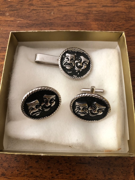 Tragedy & Comedy Greek Mask Hair Barrette Clip MCM 60s Pierced Metal OOAK Greek comedy and tragedy mask tie clip and cuff links - Gem main image 4