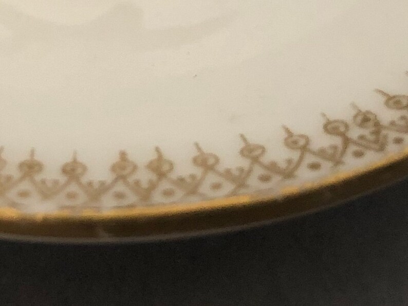 Puede incluir: Primer plano de un plato de cer&aacute;mica blanca con un borde dorado y un delicado patr&oacute;n dorado alrededor del borde.