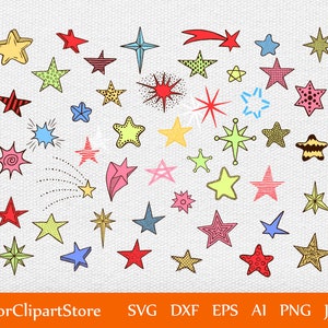 Hand Drawn Doodle Stars and Comets Icons Collection SVG. Colorful Kids Style Skethes PNG SVG Jpeg Dxf. Digital stars. Instant Download