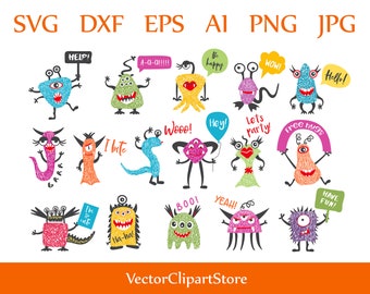 Vector Monsters Set with Inscription. Digital Cliparts Cool Characters Eps, Dxf, AI, Png, Jpg. Graphics with Personal and Commercial Use .