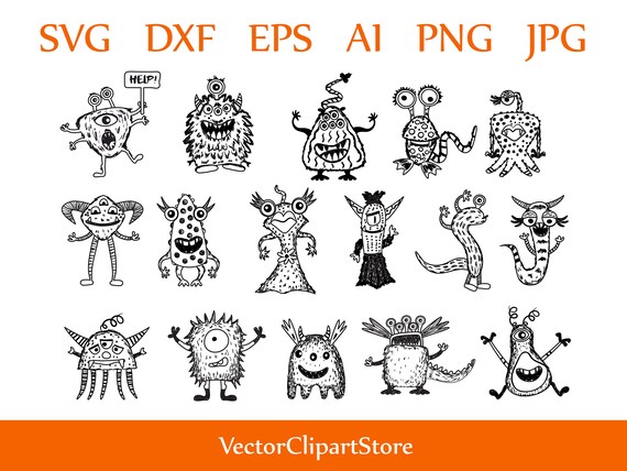 Vector Set Of Cute Doodle Monsters Digital Fun Children Etsy