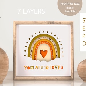 3d Boho Rainbow Shadow Box, Archivos para Cricut, Plantilla de decoración de arco iris de vivero, Arte de papel en capas, Arte de papel 3D, Arco iris SVG, Descarga instantánea