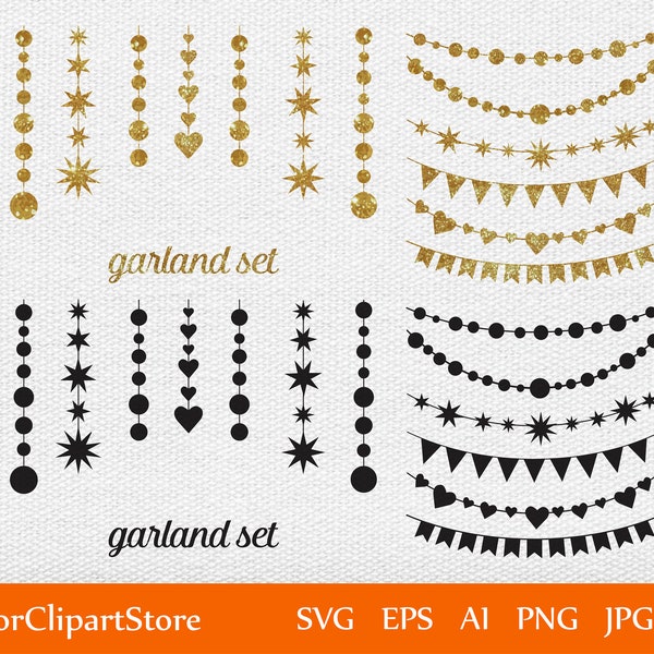 Garland Banner Lights SVG/ Party Garland SVG File/ Party Graphic/ Digital Download Cut File in SVG Png Jpg Vector/ Golden & Black vector set