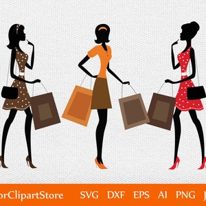Silueta retro para niñas con bolsas de compras. 3 Mujeres SVG, PNG y vector Eps Set. Glamour Retro Cliparts para planificador de moda