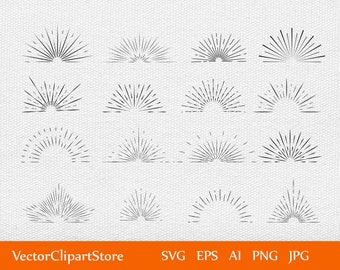 Clipart - Vintage Sunbursts Half - Instant Download - 16 Transparent PNG Files, EPS Vector file