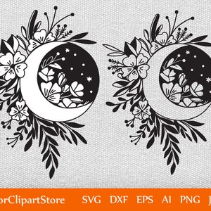 Mond und Blumen Compositin, Vektor Clipart, Floral Moon SVG, Sofort Download