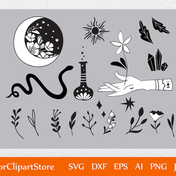 Himmlische Handgezeichnete Botanische Symbole Svg , Sofortiger Download , Digitale Datei