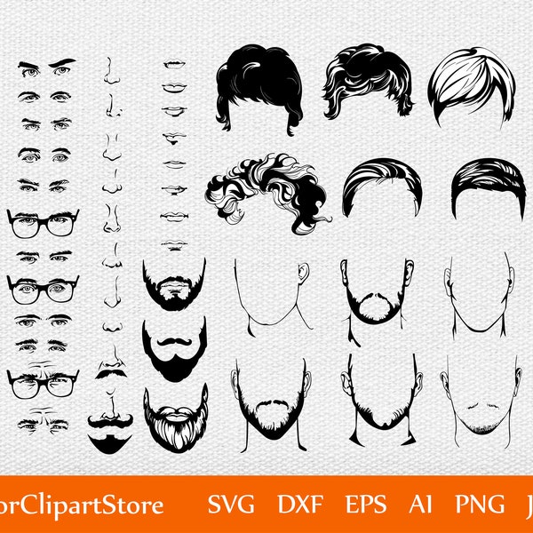Men Face Constructer SVG Bundle. Hair Lips Nose Eyes Eyebrows Beard Mustache Designs Set. SVG Png Jpg Eps Dxf. Face Clipart. Portrait Kit