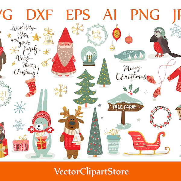 Christmas character svg cut files Winter Set for silhouette or cricut.Happy New Year Collection for creation with lettering PNG,Dxf,Eps, Jpg