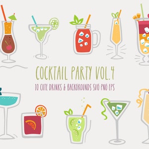 Set di bevande carine, Cocktail Party vl3, Bevanda disegnata a mano, Design vettoriale, Download istantaneo, File digitale