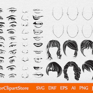 Vrouwen Gezicht Constructer SVG Bundel. Haar Lippen Neus Ogen Wenkbrauwen Designs Set. SVG Png Jpg Vector Eps Dxf formaten. Gezicht Clipart. Portretpakket