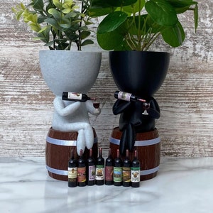 Little People Wine Planter With Optional Barrel drip tray Relaxed Pose Drinking Wine Succulent Planter Wine Lovers gift idea image 2