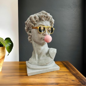 Michelangelo's David Bust Statue with custom color glasses & Gum  |  David with gum | Pop Art Sculpture