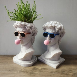 Planter Version of Michelangelo's David Bust with custom color glasses & Gum  |  David with gum | Pop Art