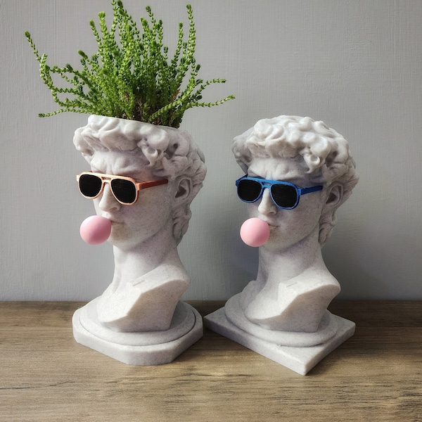 Planter Version of Michelangelo's David Bust with custom color glasses & Gum  |  David with gum | Pop Art