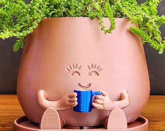 Happy Face Coffee Planter with Drip Tray: Kawaii Succulent Planter