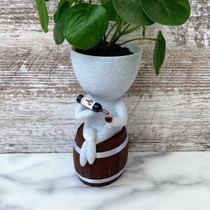 Little People Wine Planter With Optional Barrel drip tray Relaxed Pose Drinking Wine Succulent Planter Wine Lovers gift idea image 1