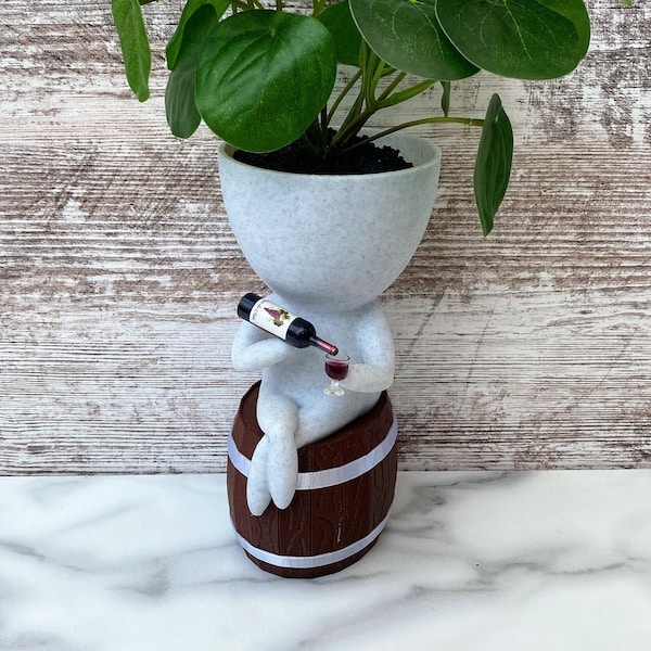 Little People Wine Planter With Optional Barrel drip tray  | Relaxed Pose Drinking Wine Succulent Planter |Wine Lovers gift idea